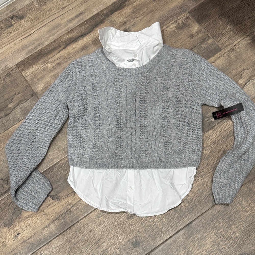 No Boundaries Gray Sweater with White Hem
